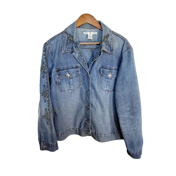 Adolfo Jeans Women's Embroidered Beaded Demin Blue Jean Jacket Size Large - Picture 1 of 4